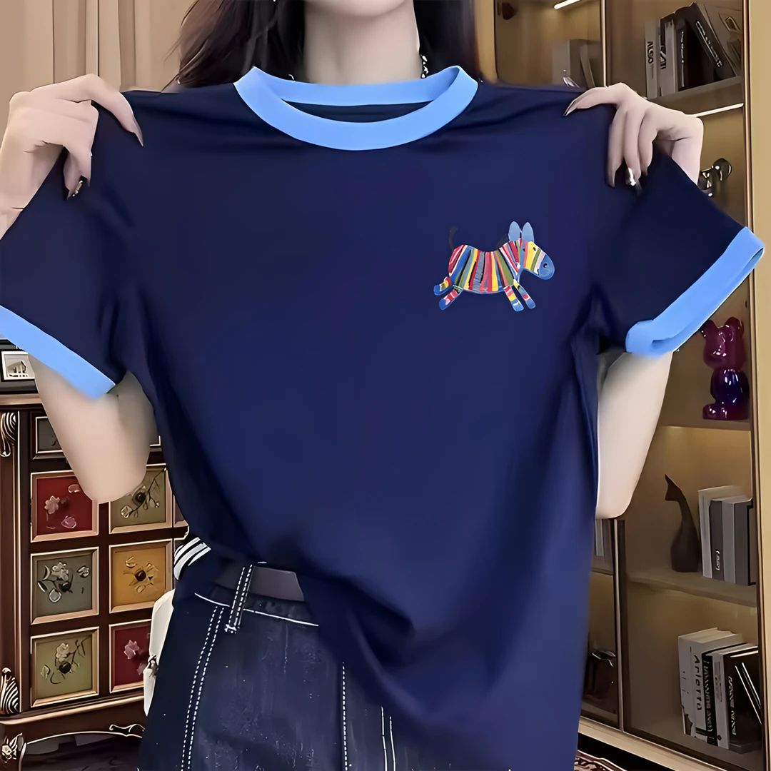 纯棉欧货撞色短袖t恤女2025夏季新款时尚百搭显瘦圆领印花上衣潮