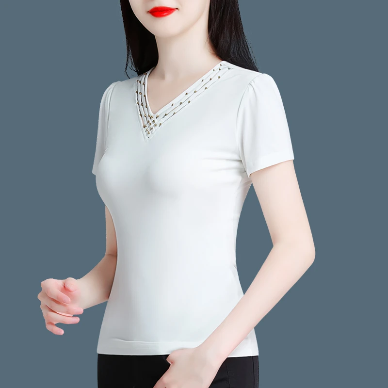 00335白色减龄V领上衣女春夏女装T恤
