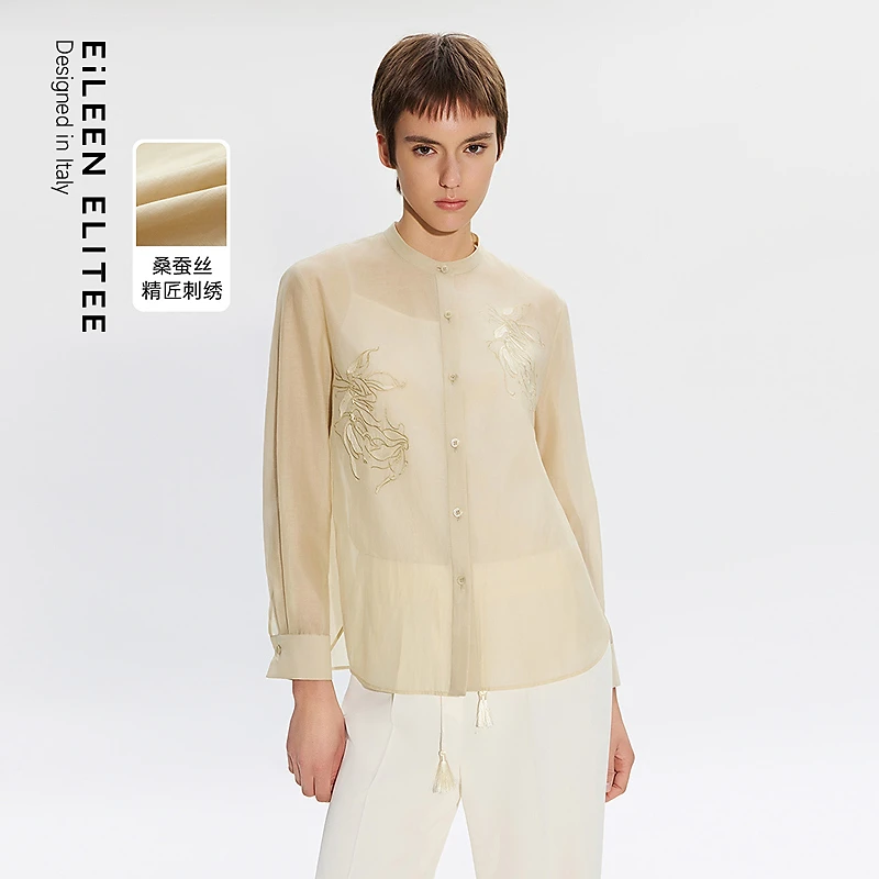 朗姿欧洲EiLEEN ELITEE桑蚕丝新中式衬衫刺绣国风2025年夏季新款