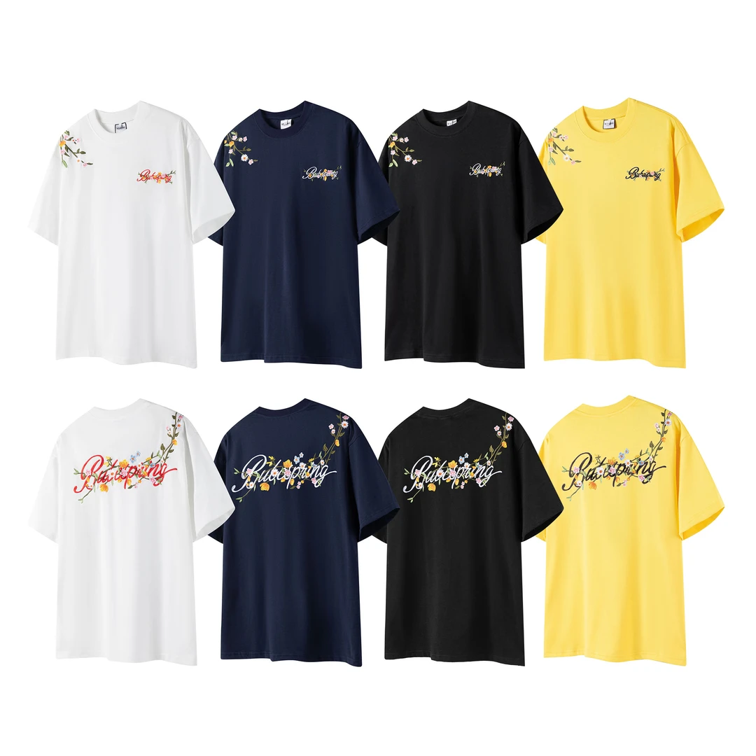 BUBC国潮手写花卉刺绣双纱重磅纯棉落肩T恤宽松男女款情侣短袖