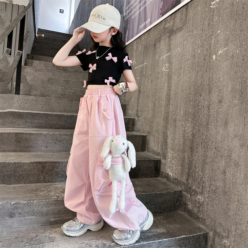 女童夏季套装2025新款儿童夏装网红洋气时髦短袖可爱风蝴蝶结套装