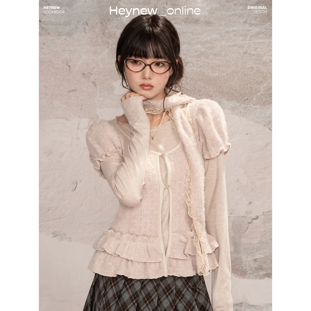 【冬日秘密】甜妹穿搭纯色圆领打底T恤木耳边配领带短袖套装5D333