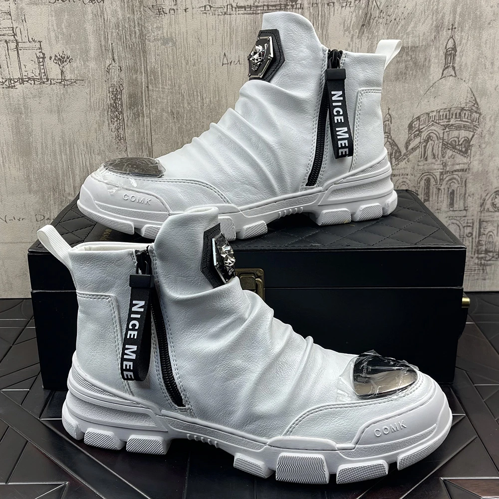 加绒男士短皮靴冬季新款休闲马丁靴白色牛仔靴厚底增高中帮休闲鞋