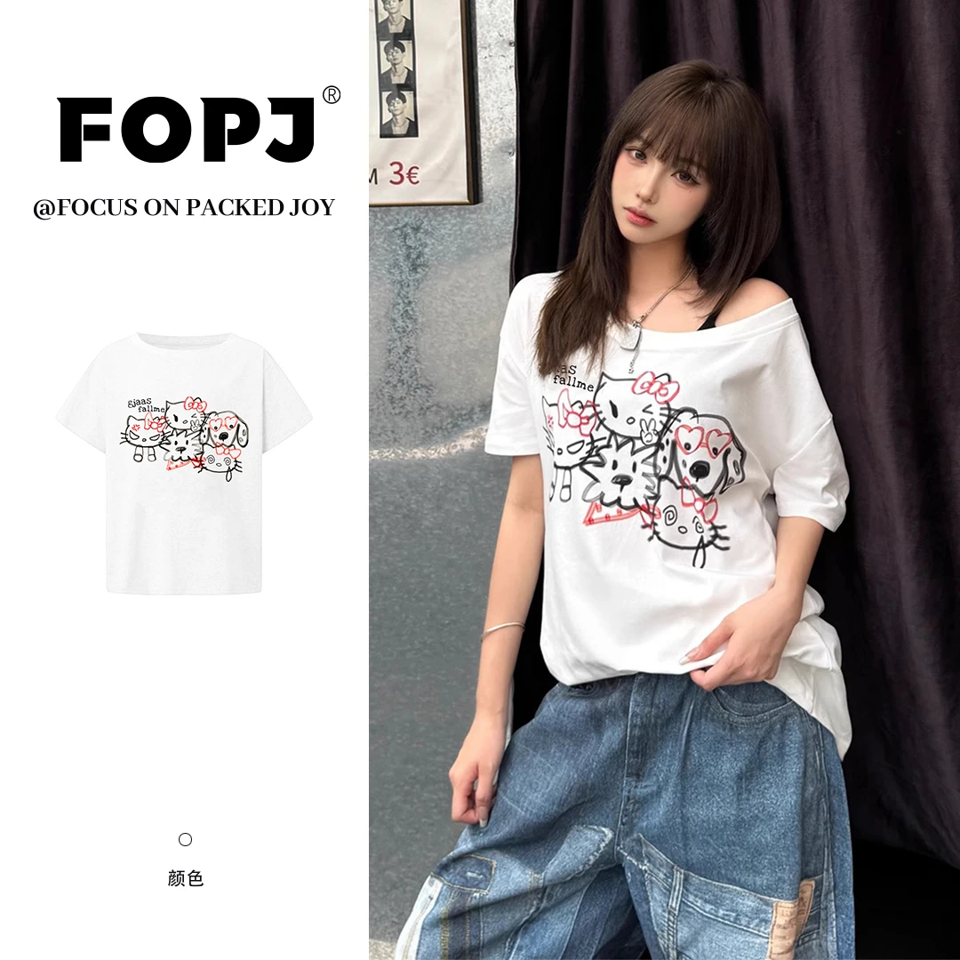 FOPJ夏季新款宽松复古慵懒风斜肩短袖t恤女松驰百搭kitty辣妹上衣