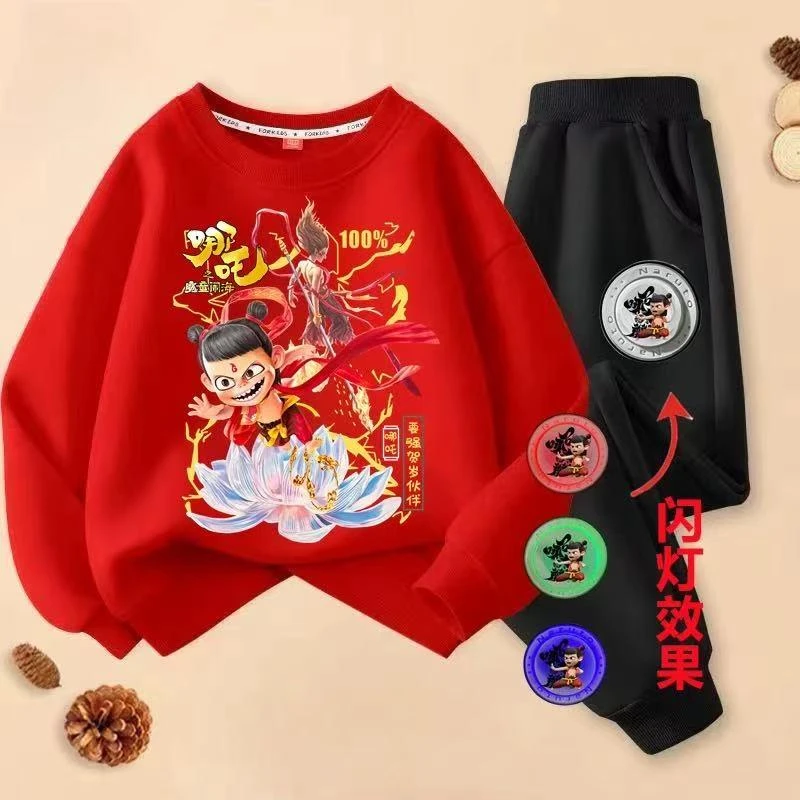 哪吒儿童卫衣套装亮灯魔童闹海男童春季新款裤子中大童两件套春装