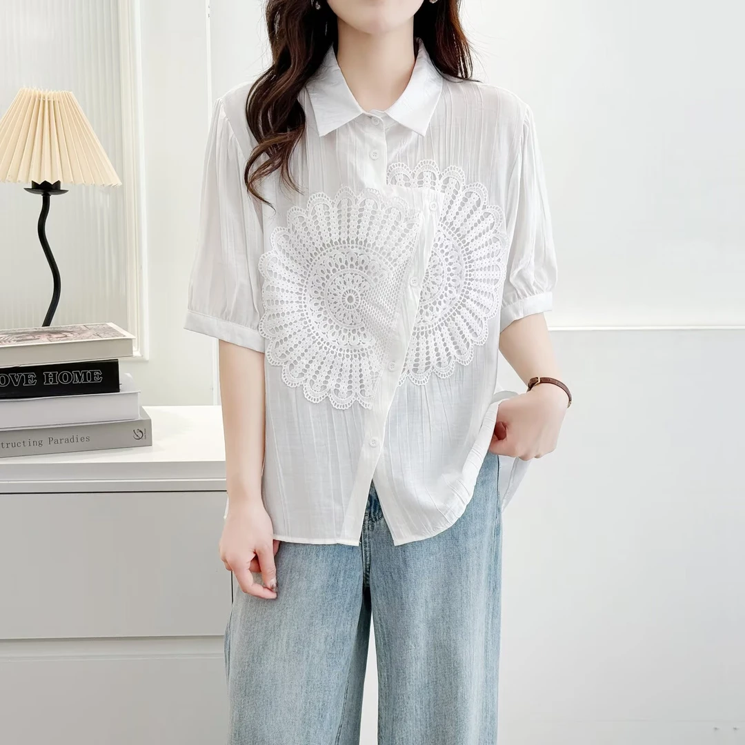 JUN111夏季短袖不对称蕾丝花边衬衫大码女装POLO领拼接开衫显瘦