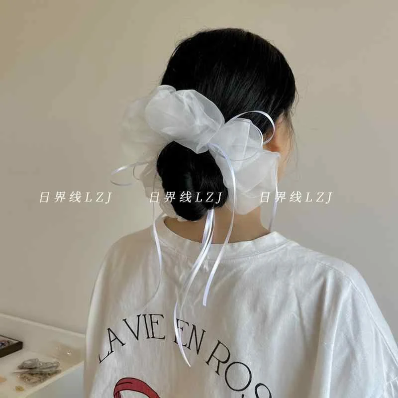 芭蕾风温柔韩系网纱白色大肠发圈少女丝带蝴蝶结超大头花仙气发绳
