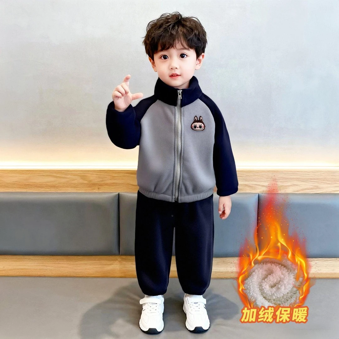YeeHoO英式【断码】儿童加绒加厚一体绒套装男女童休闲两件套过冬神