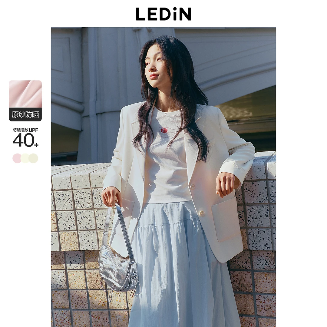 【欧若风防晒西装】乐町韩系清25春新款宽松袖口精致绣花西服外套