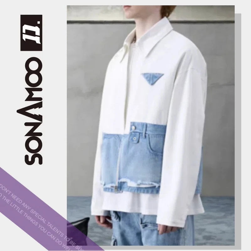 【D18991】sonAmoo夹棉字母重工洗水拼接男士百搭牛仔外套D18991