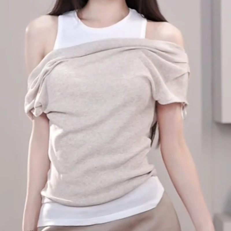 新款夏季不对称假两件圆领背心甜美撞色拼接上衣LK2503357