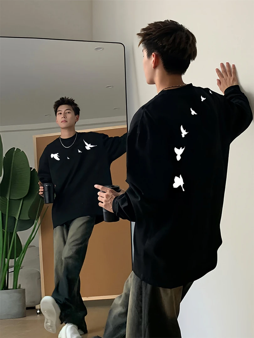 【重磅纯棉】秋季小众设计感感男款T恤宽松长袖上衣简约百搭打底衫