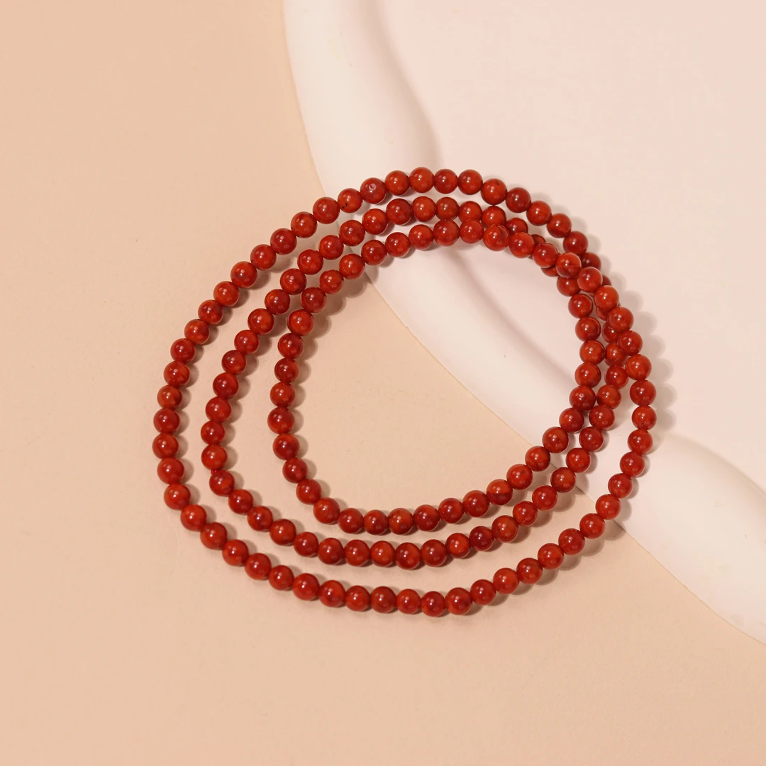 瓦西天然南红素圈多圈手串 原矿牛血红带火焰纹5mm圆珠