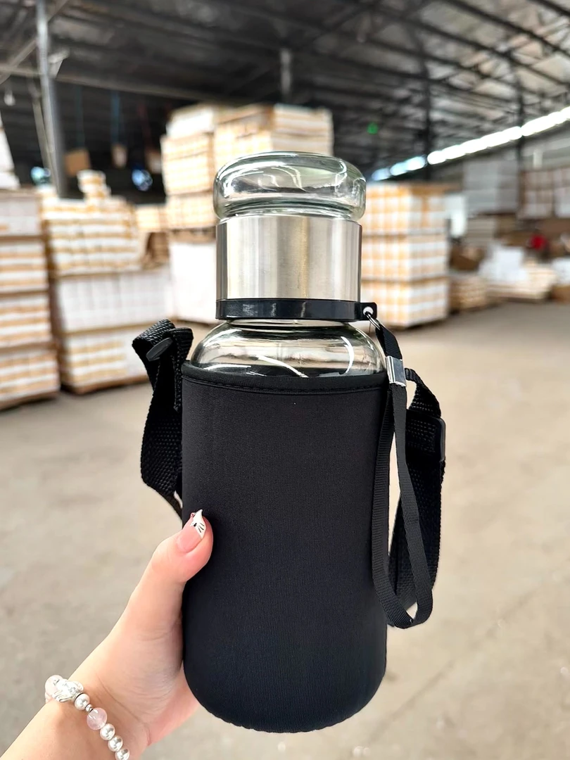 【1L便携大容量水杯】送杯套玻璃杯带提绳茶水分离杯户外简约家用H