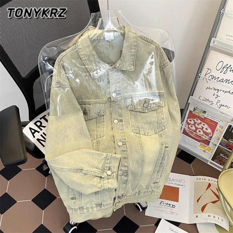 TONYKRZ美式休闲牛仔外套男女款春秋冬高街水洗做旧痞帅翻领夹克