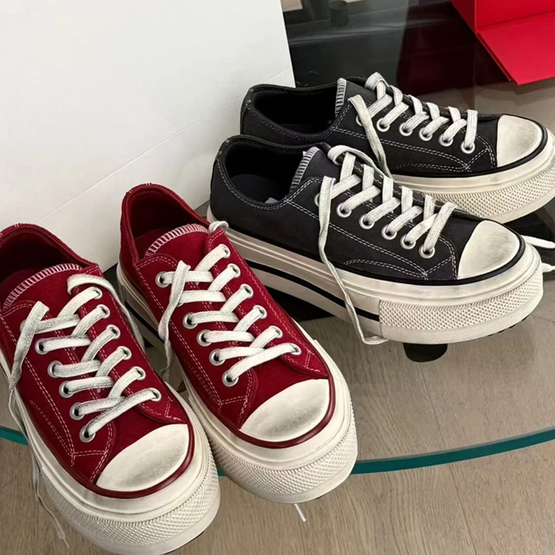 诗歌兰厚底增高帆布鞋女2025新款圆头做旧轻便百搭休闲板鞋213-17