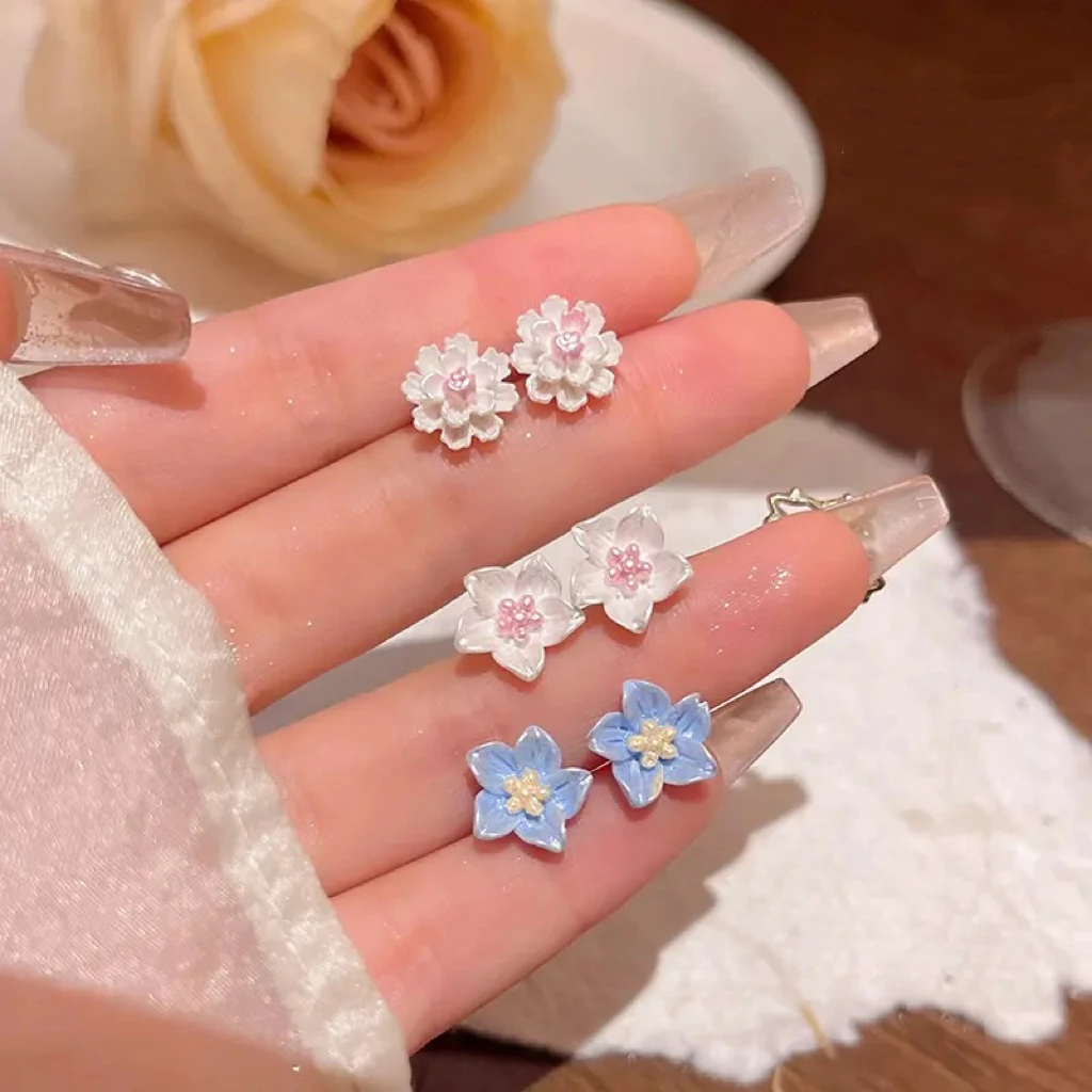 铜合金耳饰 韩系小清新花朵耳钉套装女轻奢小众高级感耳饰E1136