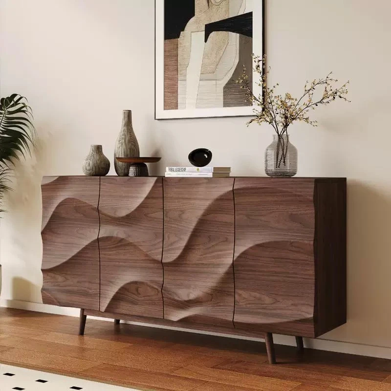 【波纹餐边柜】中古风实木餐边柜侘寂风复古胡桃木储物柜客厅隔断柜