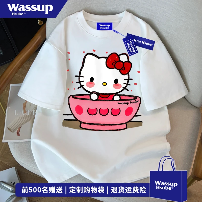 WASSUP HSUBE趣味创意茶杯Kitty猫印花T恤男女夏季新款可爱风上衣