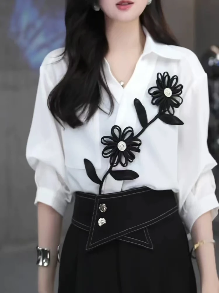 法式别致独特立体花朵白色衬衫女轻奢时尚高级感气质宽松显瘦衬衣