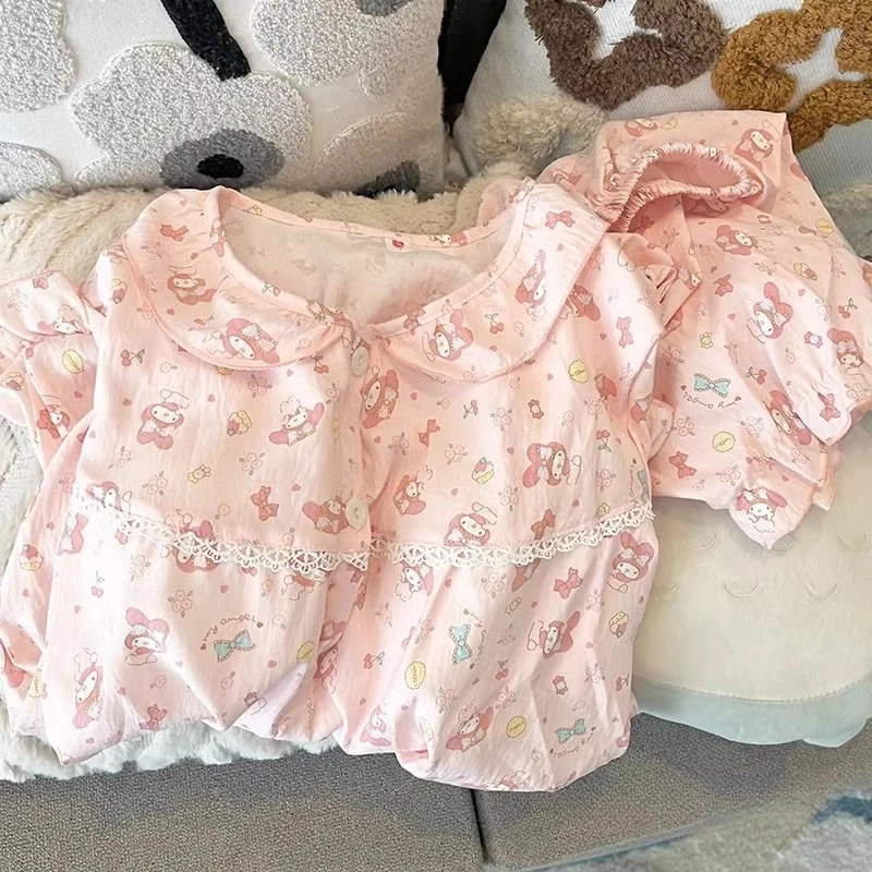 美乐蒂带胸垫夏季短袖睡衣女日系卡通宽松爆款网红学生套装家居服