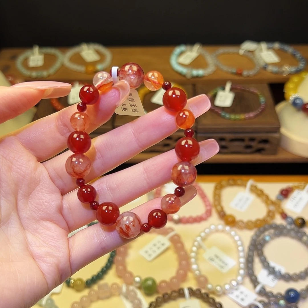 水晶手串银S925镀金镶嵌红1465