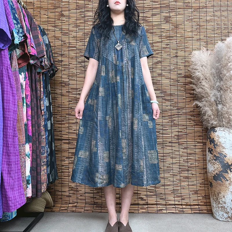 2903夏季女装文艺复古宽松显瘦时尚休闲倒三角大裙摆过膝连衣裙