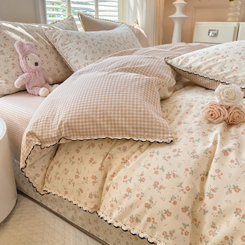 公主风纯棉床上用品四件套小清新花边全棉被套床单床笠女孩子床品