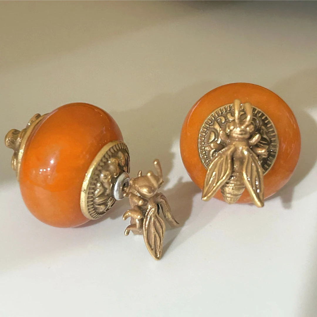 铜合金耳饰 4307西洋中古风 vintage复古橙色蜜蜂前后戴耳钉
