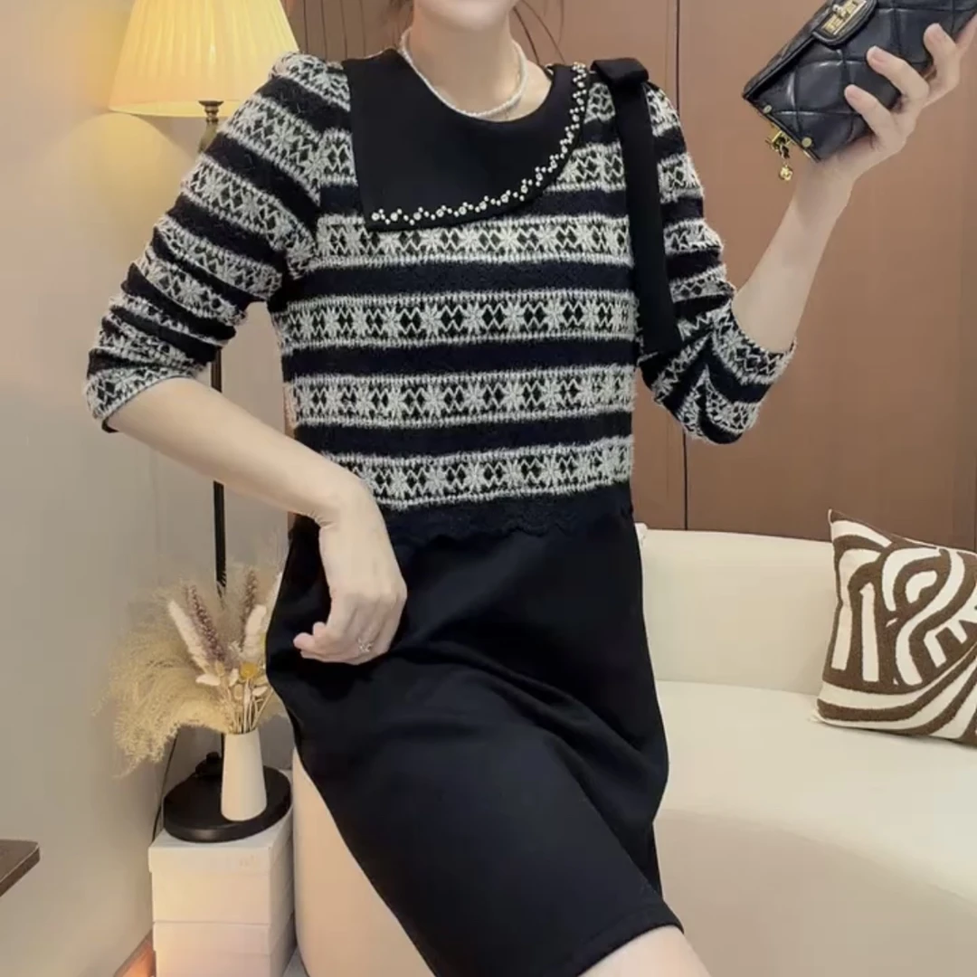 秋冬新款小香风韩系条纹收腰显瘦连衣裙