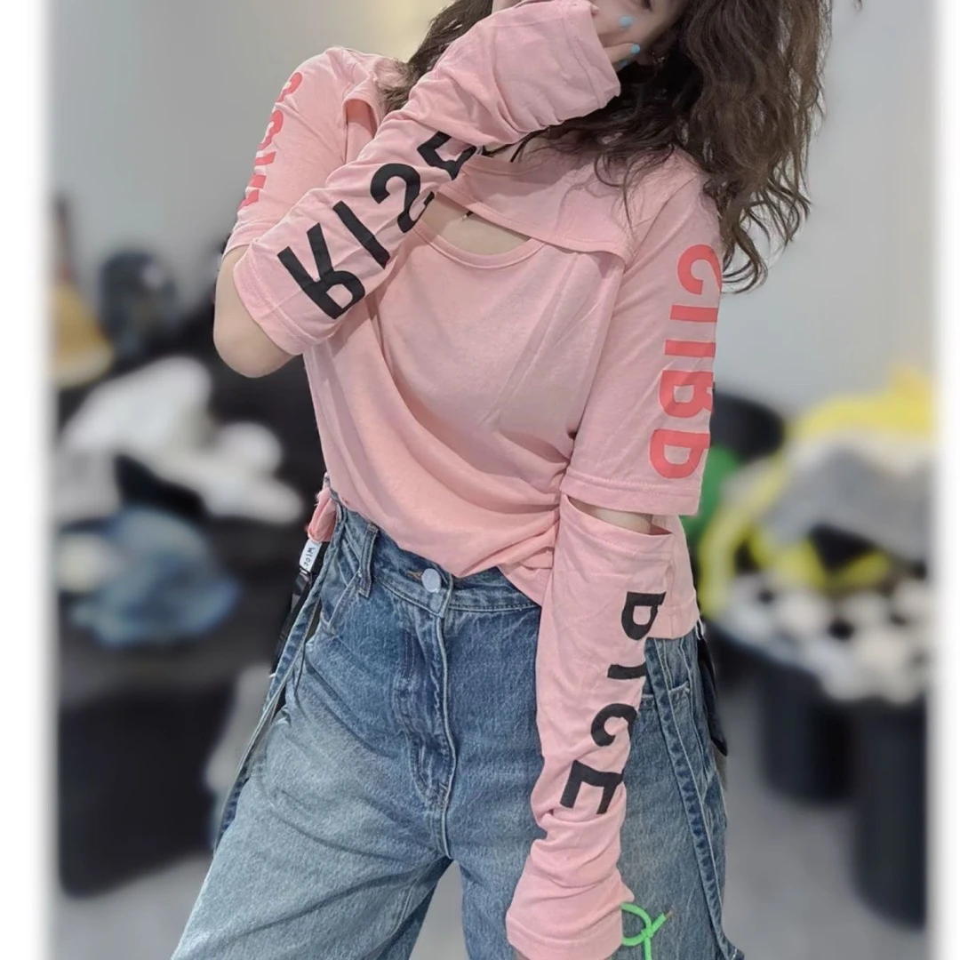 设计感小众假两件白色防晒T恤女新款修身字母印花显瘦露背上衣夏