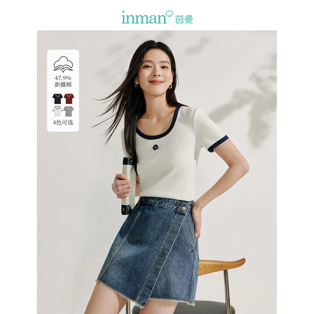 【商城同款新品】茵曼25夏季女T恤上衣短袖刺绣休闲修身时尚U正肩