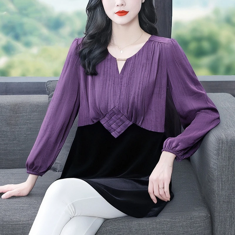 【直播爆款】春秋新款大码女装拼接气质宽松显瘦遮肉显瘦上衣T恤衫