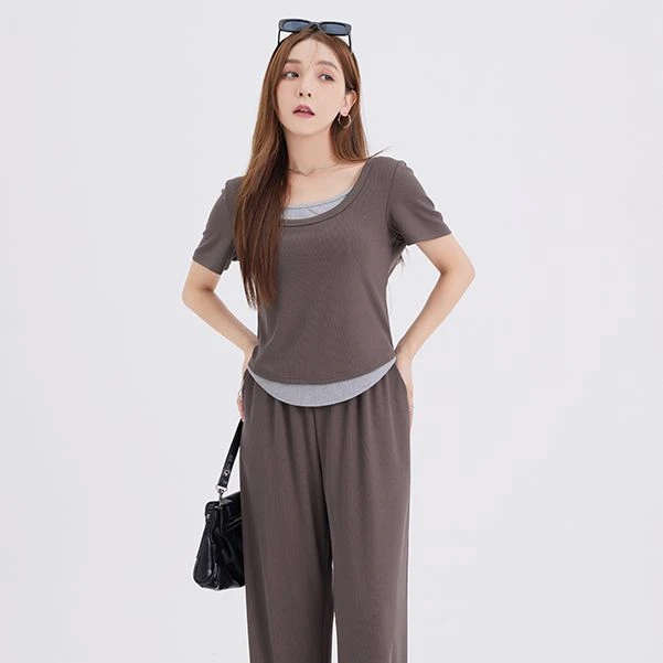【涵胖胖】【青】夏季修身休闲撞色圆弧短袖T恤 1818