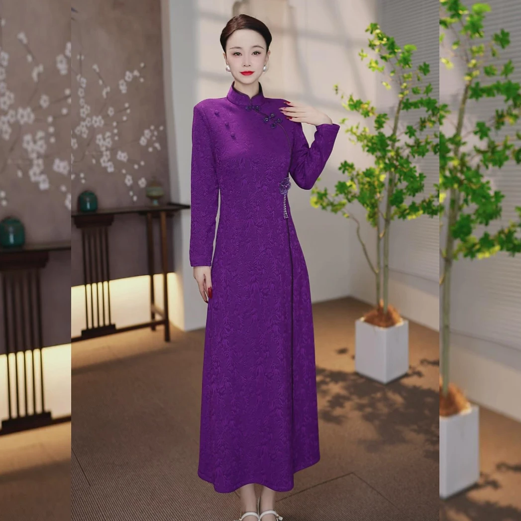 【YU-30】洋气紫围巾中式秋冬新款修身显瘦遮肉连衣裙气质高雅时尚