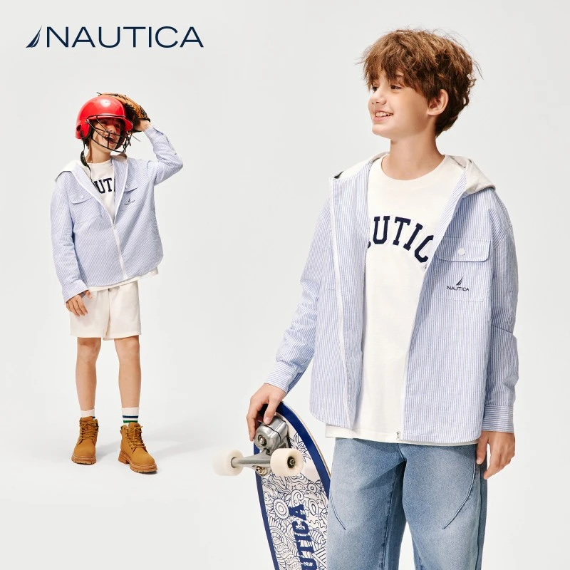 NAUTICA/诺帝卡童装 男童女童薄外套春秋季拼接连帽竖条纹衬衫