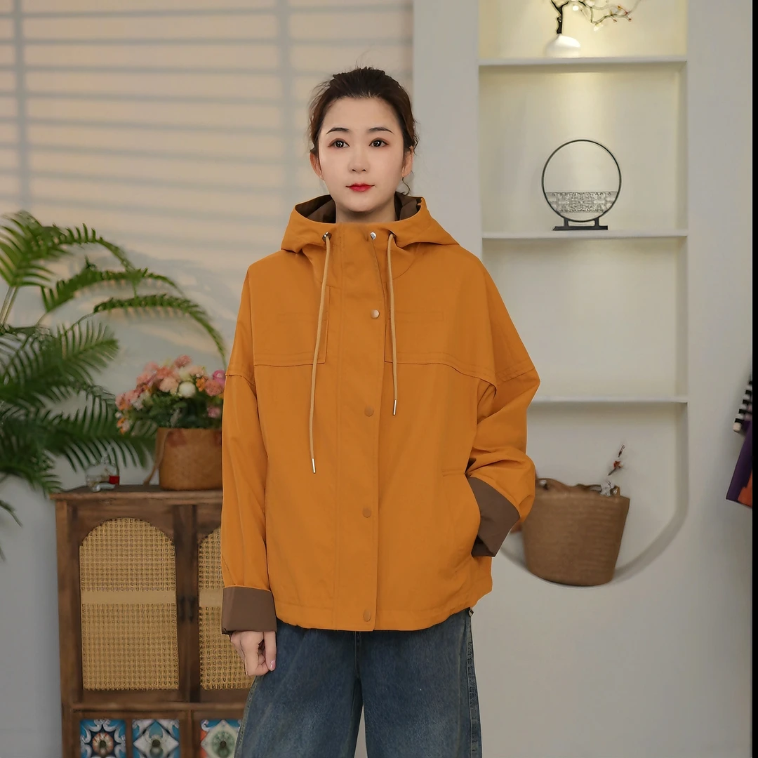 2025春夏季新款韩版宽松百搭撞色连帽外套风衣