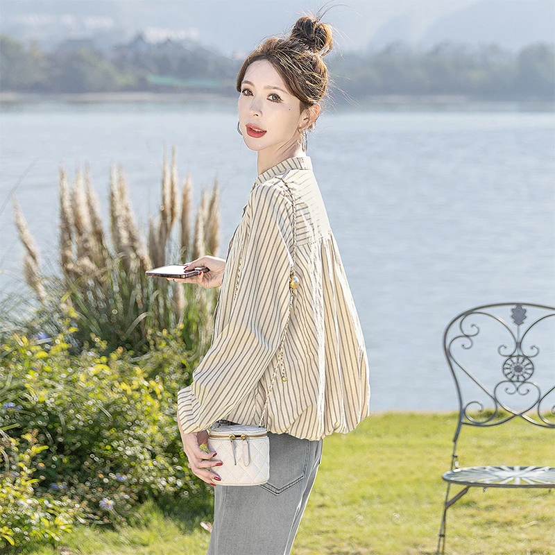 丝柏舍2025流光风秋装新款女时尚撞色长袖休闲条纹衬衫S51R1123C