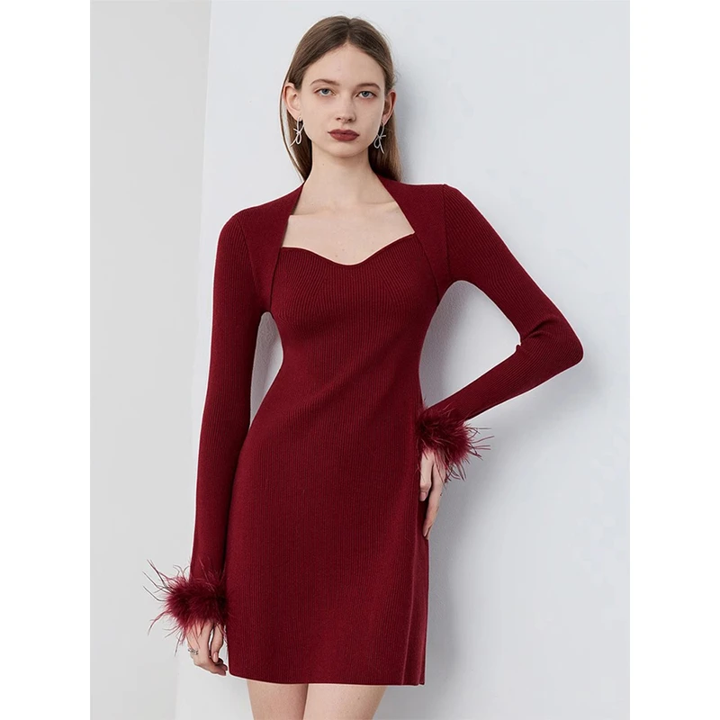 法式新年红色针织连衣裙女款秋冬小香风高级感气质小个子