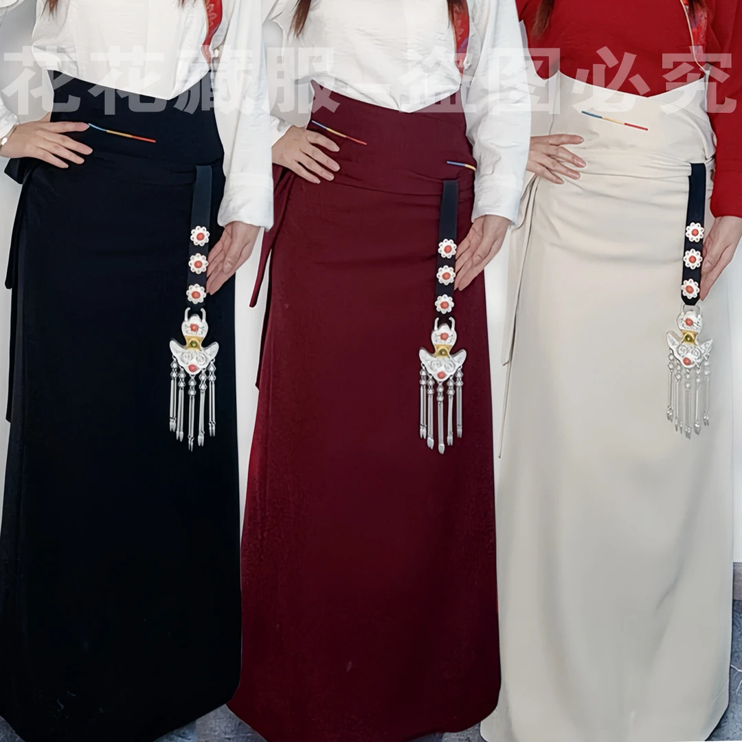 25秋冬新款藏式双袖裹裙刺绣锅庄舞裙舞蹈演出简洁百搭版显瘦假袍
