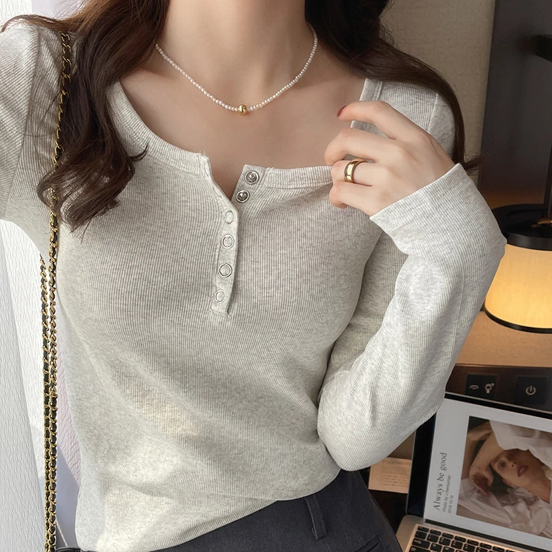 新款螺纹棉修身长袖内搭上衣春秋冬季通用U领白色纯色通勤风T恤