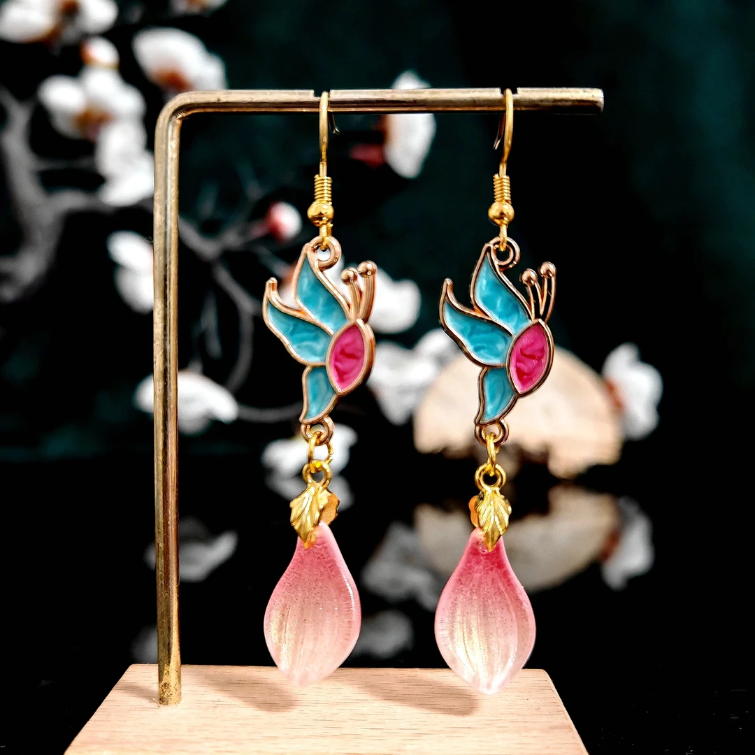 多吉米庭蝶花韵复古新中式原创耳环耳夹配汉服旗袍