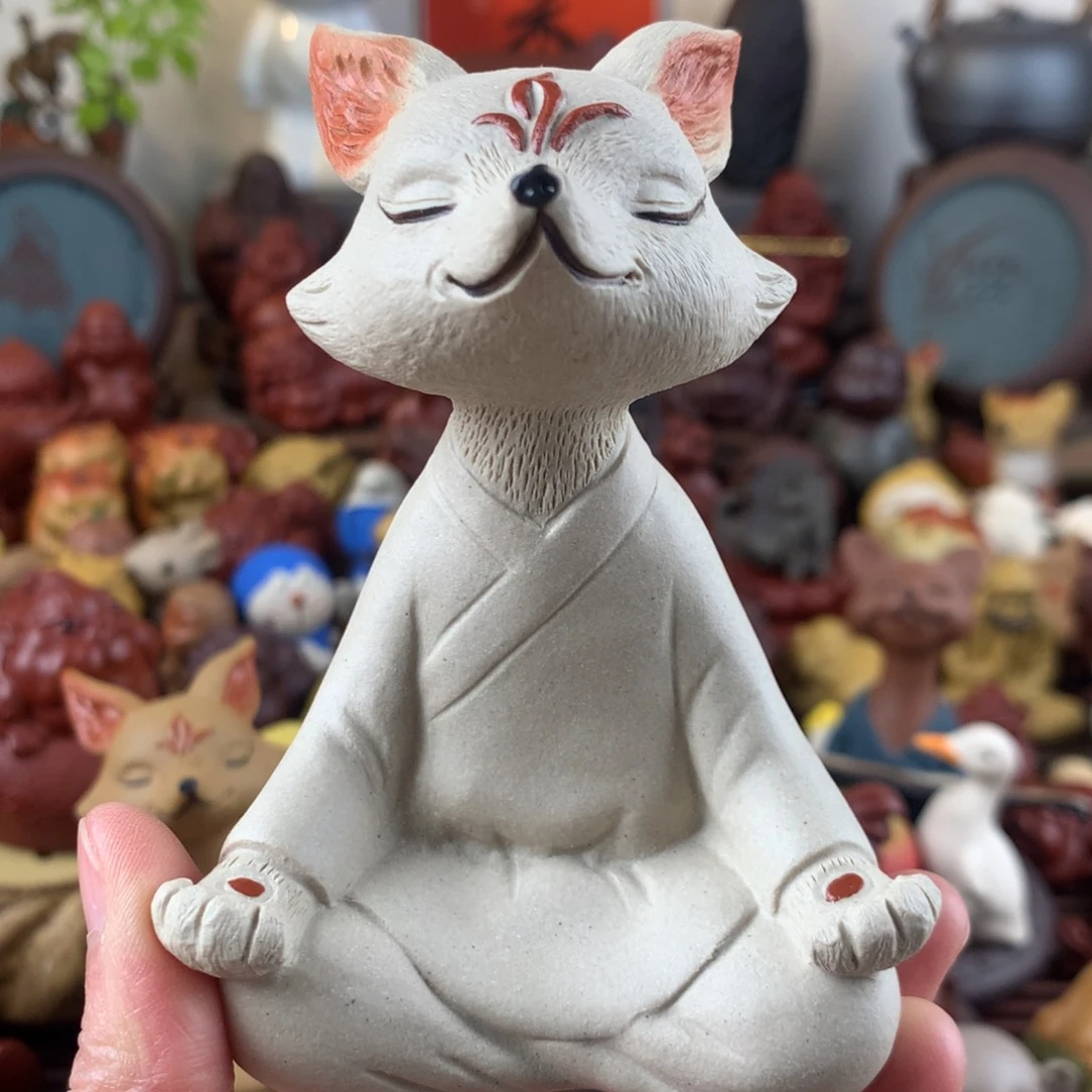 紫砂茶宠祥瑞打坐狐仙白段泥