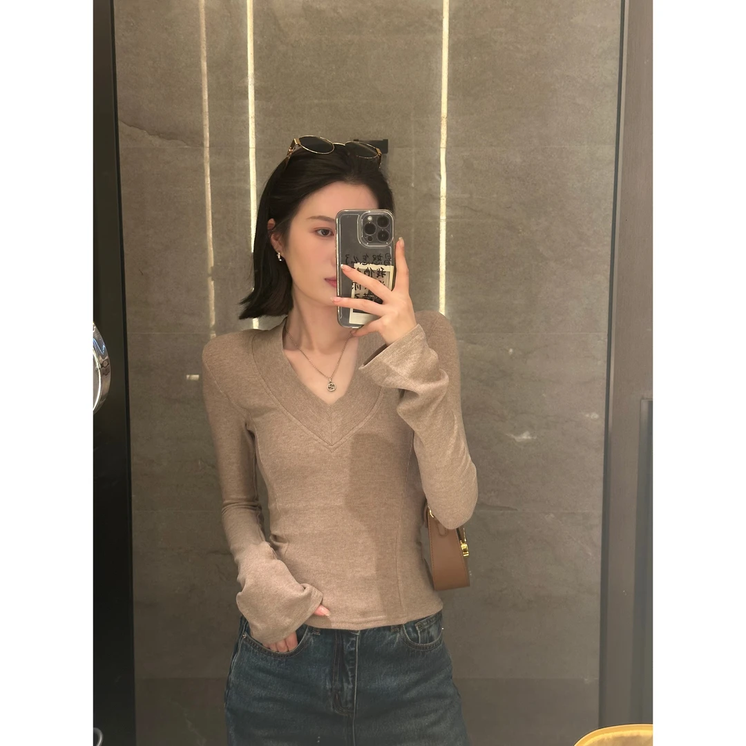 性感V领带垫肩长袖正肩针织衫女秋冬基础款修身内搭弹力显瘦