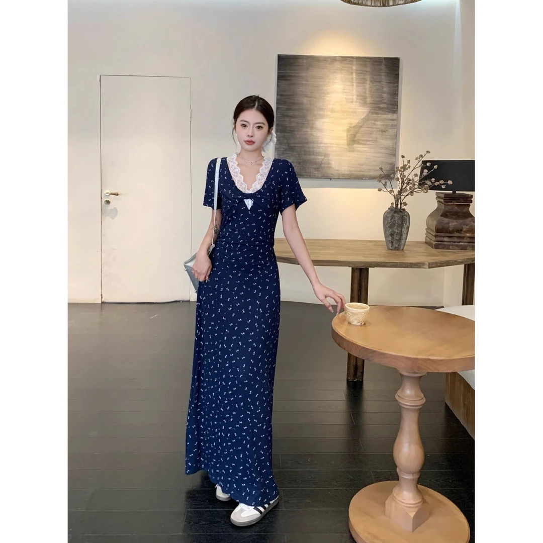 大码微胖新款2025夏季中国风文艺复古拼接法式碎花公主袖七分袖