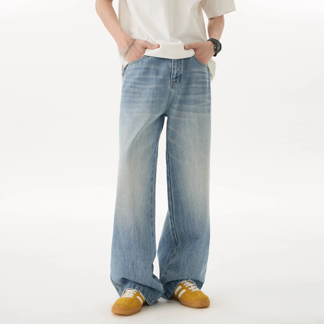 Cebrodz冰蓝色水洗牛仔裤男士春夏季美式cleanfit宽松A字阔腿长裤