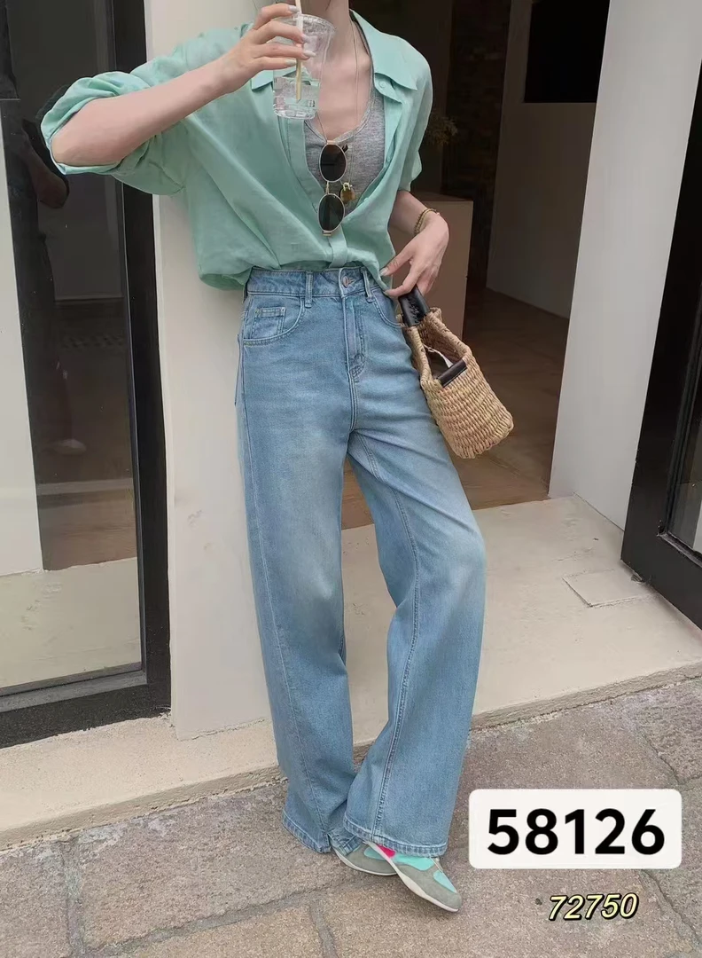 鞋爱•58126春夏款高腰宽松长裤浅色裤脚开衩款