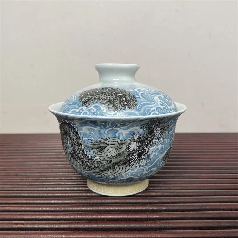 青花粉彩墨龙游海两才悬停盖碗茶碗家用功夫中式茶杯龙纹泡茶具