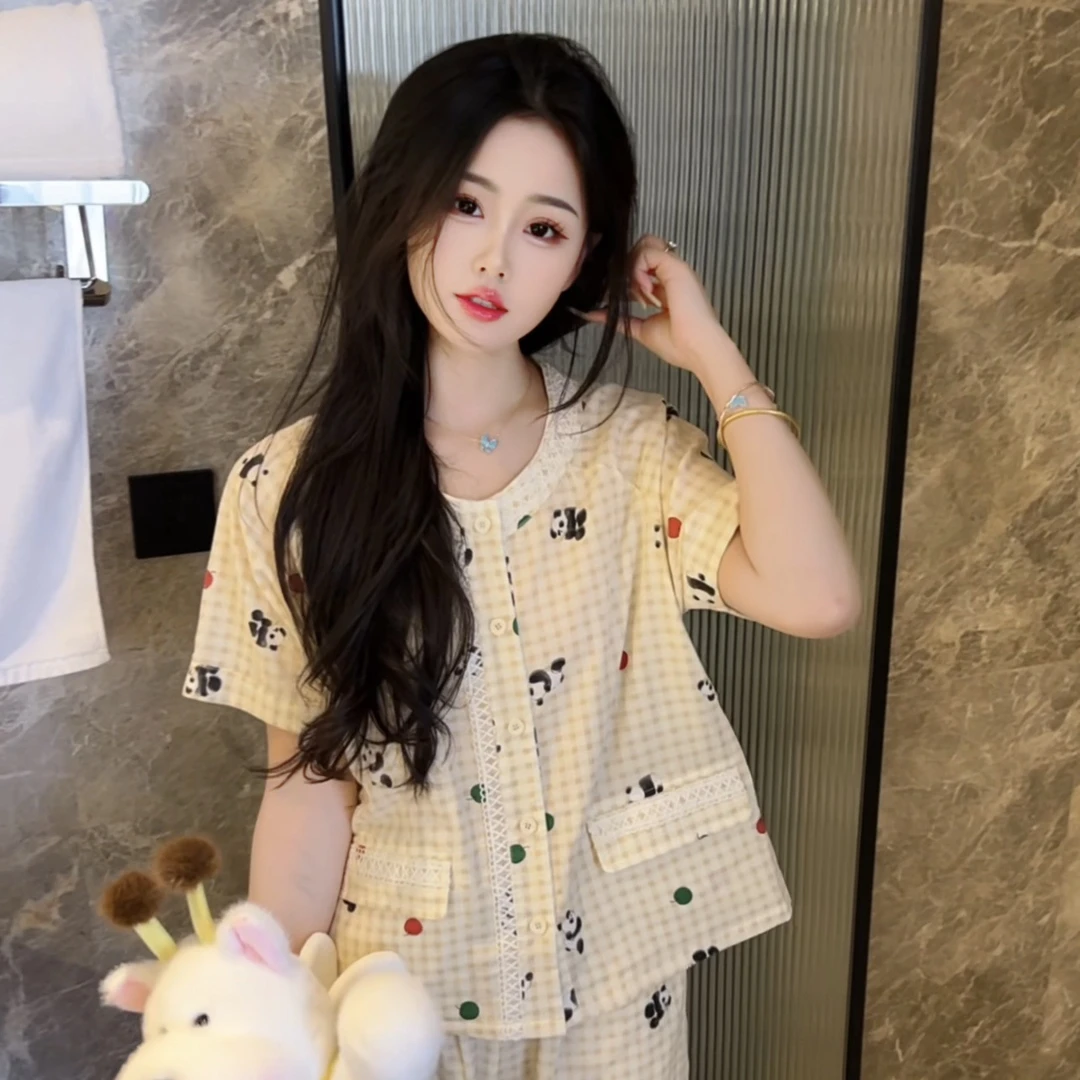 【熊猫点点】夏季休闲显瘦纯棉亲肤透气睡衣女短袖家居服可外穿宽松