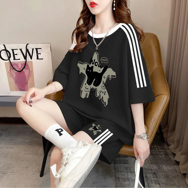 纯棉百搭休闲运动套装女2025夏季韩版时尚洋气显瘦短袖短裤两件套